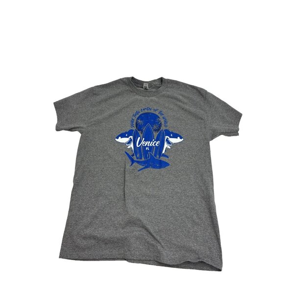 Gildan Mens L Gray Venice FL Shark Graphic Short Sleeve Crew Neck T Shirt - Picture 1 of 5